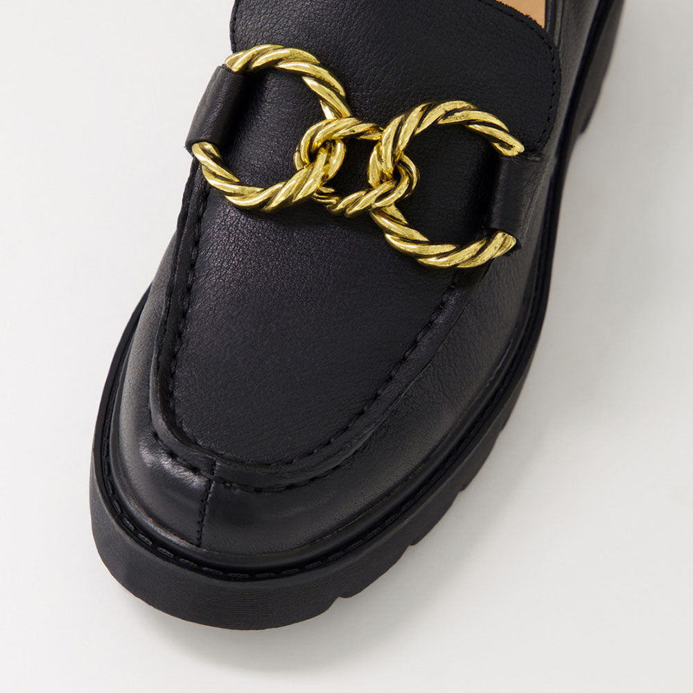 Women's Black Round Toe Chain Platform Loafers with Chunky Heels