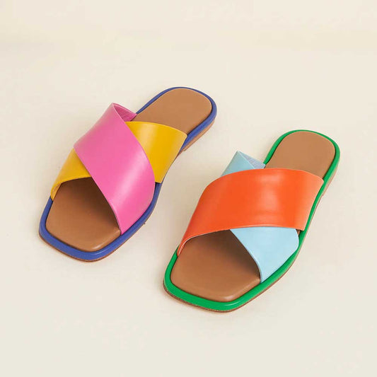 Women's Multi-Color Flat Square Toe Cross Strap Slip On Mules Sandals