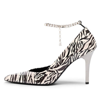 Zebra Print Rhinestone Chain Pointed Toe Studded Pumps Heels