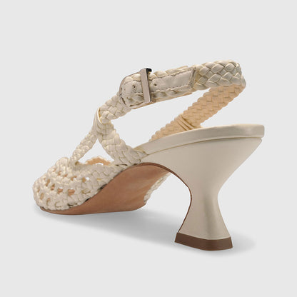 Beige Pointed Toe Hollow-Out Woven Slingback Heeled Sandals for Women
