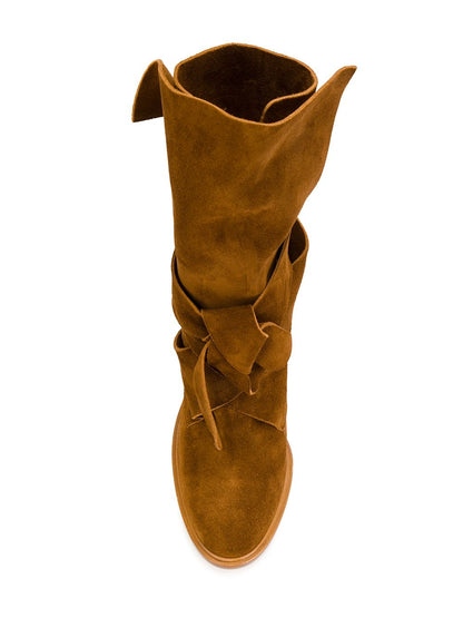Tan Boots Vegan Suede Fashion Chunky Heel Mid Calf Boots
