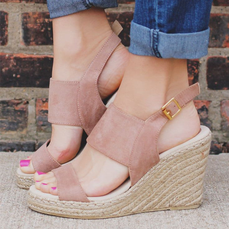 Blush Vegan Suede Wedge Sandals Open Toe Slingback Shoes