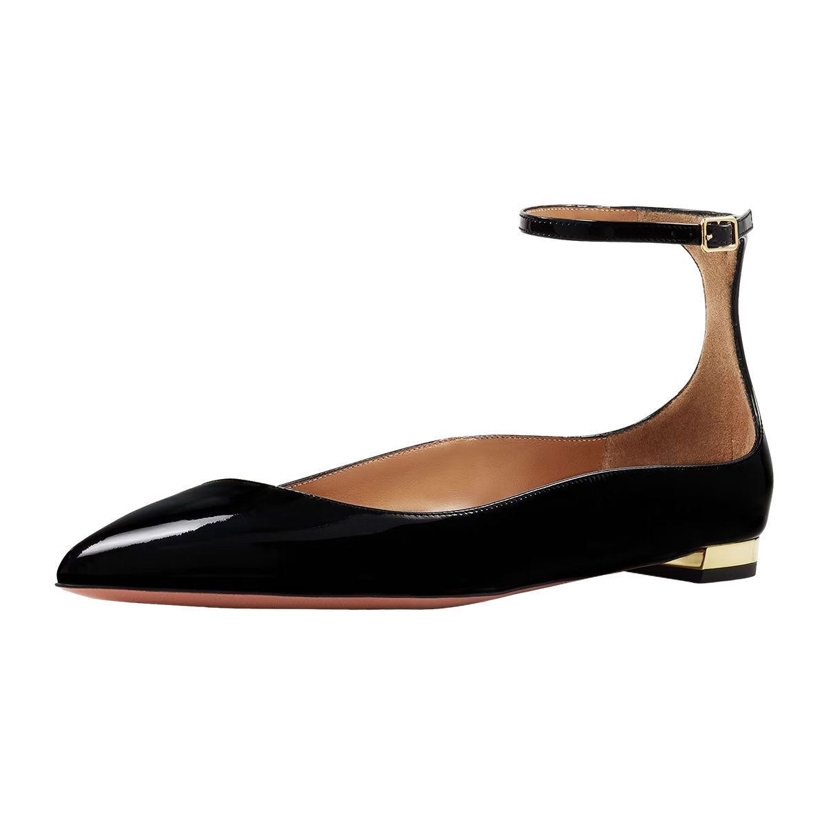 Classy Black Patent Leather Buckle Ankle Strap Pointed Toe Flats