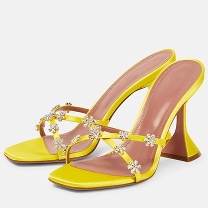 Yellow Satin Square Toe Rhinestone Flared Heel Mules Sandals