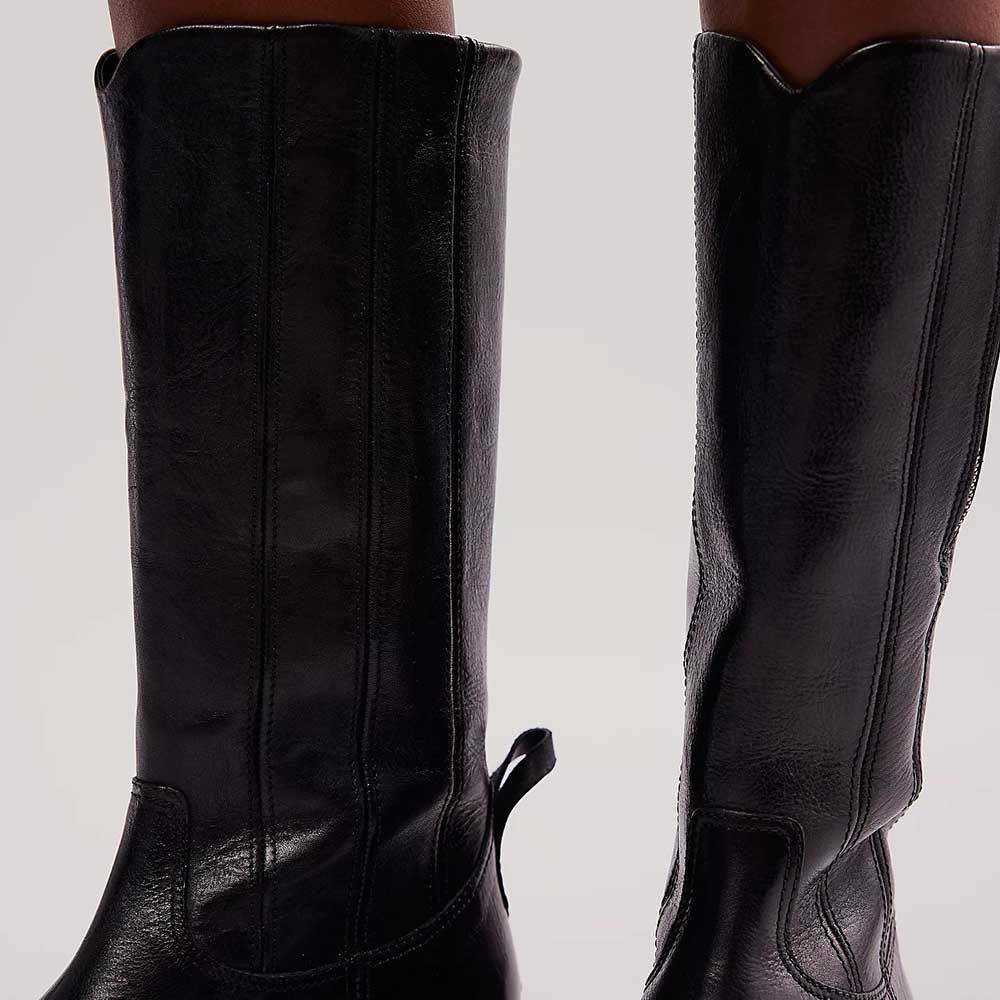 Black Pointed Toe Low Heel Mid Calf Boots for Women with Zipper