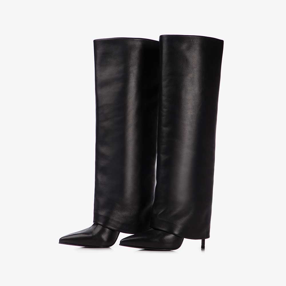 Black Pointed Toe Stiletto Heel Fold Over Wide Calf Knee High Boots