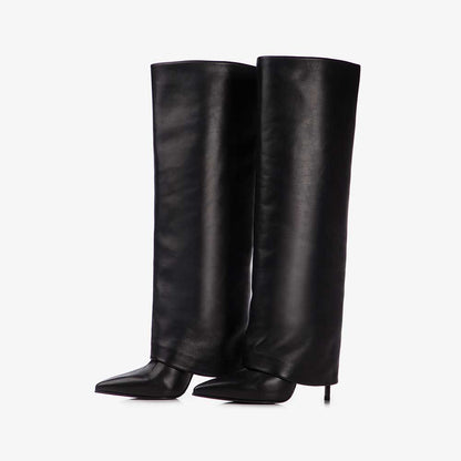 Black Pointed Toe Stiletto Heel Fold Over Wide Calf Knee High Boots