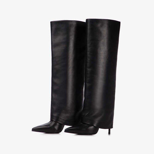 Black Pointed Toe Stiletto Heel Fold Over Wide Calf Knee High Boots