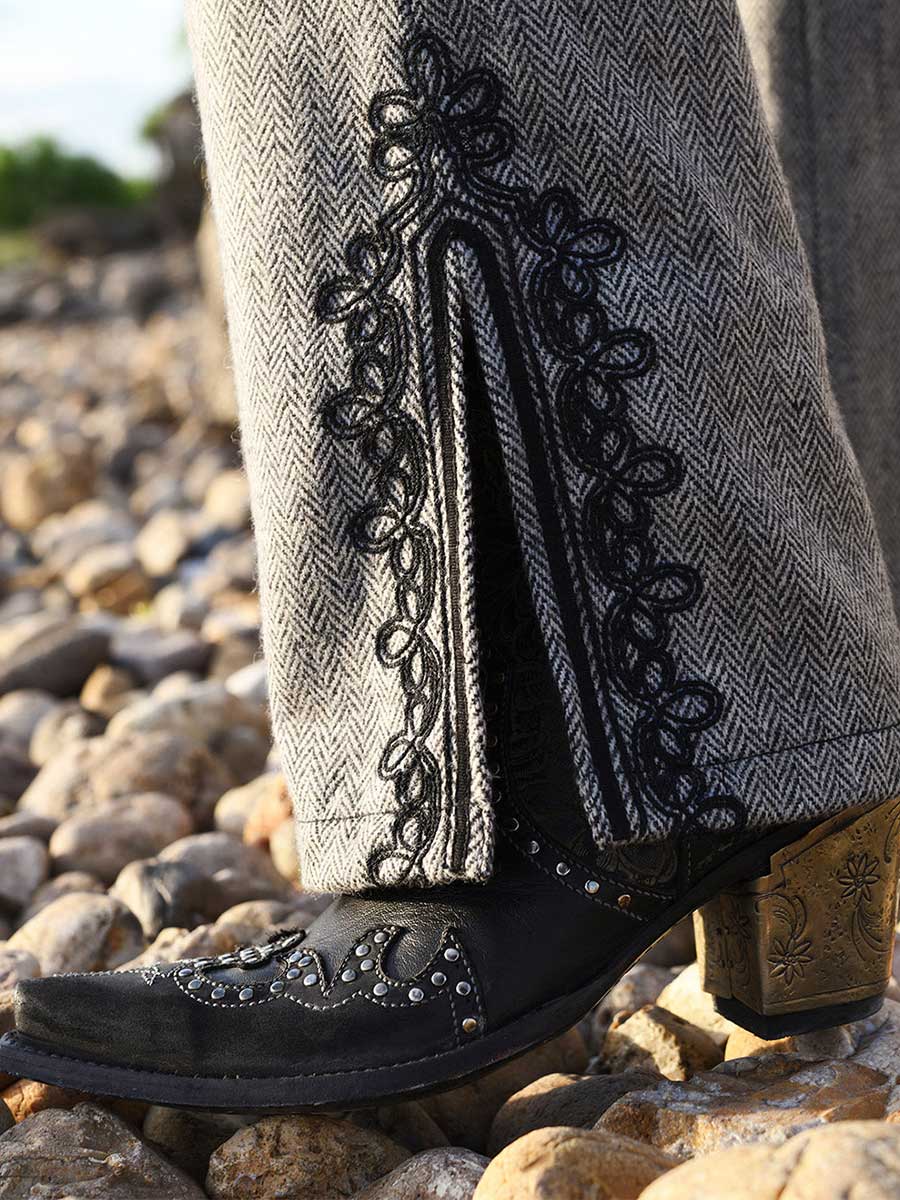 Black Vegan Leather Snip Toe Floral Printed Studded Block Heeled Cowgirl Ankle Boots