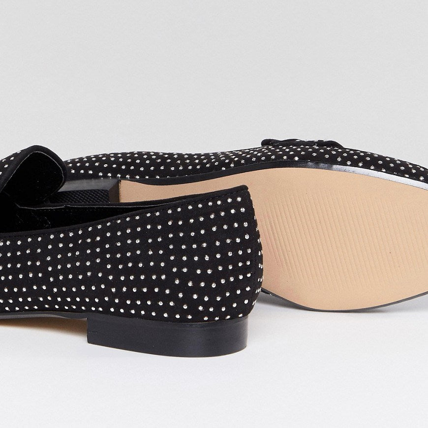 Black Studs Loafers for Women Vegan Suede Round Toe Flats