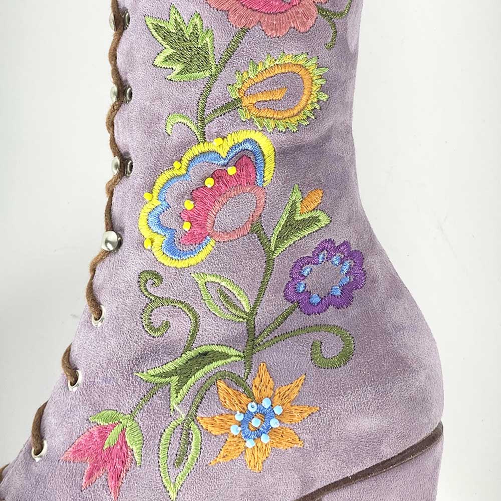 Lavender Closed-Toe Lace-Up Flower Embroidered Mid Calf Boots