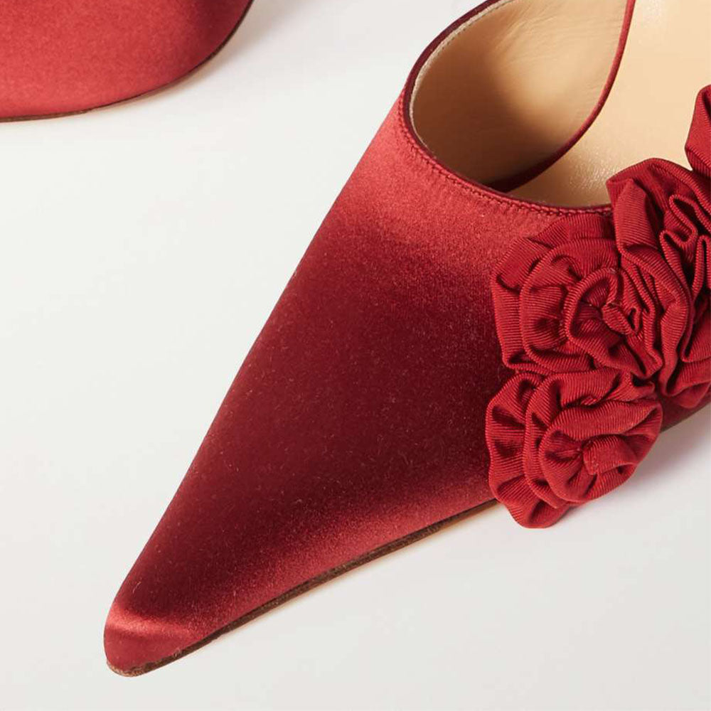 Women's Red Satin Pointed Toe Floral Embellished High Heel Mules