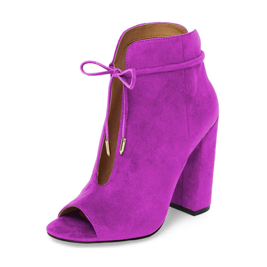 Women's Purple Ankle Boots Chunky Heel Lace-Up Peep Toe Booties
