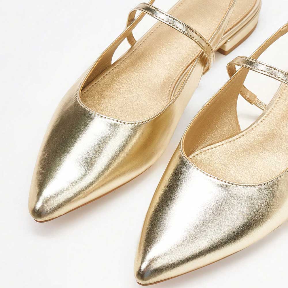 Gold Metallic Shoes Pointed Toe Slingback Flats with Elastic Strap