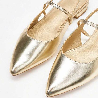 Gold Metallic Shoes Pointed Toe Slingback Flats with Elastic Strap