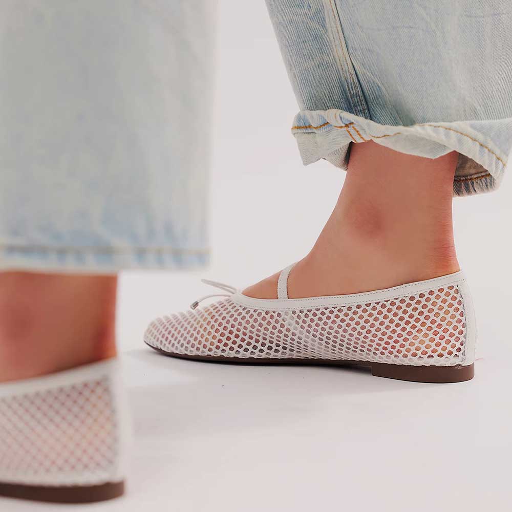 White Mesh Sophisticated Buckle Strap Comfy Ballet Flats for Women