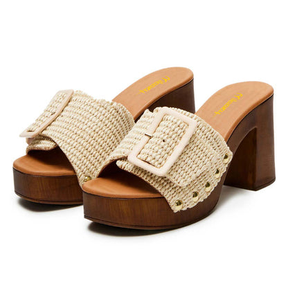 Beige Raffia Woven Open Toe Buckle Platform Mules Sandals with Studs
