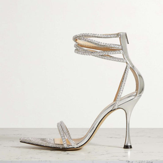 Silver Elegant Pointy Toe Ankle Wrap Wedding Heels Rhinestone Sandals