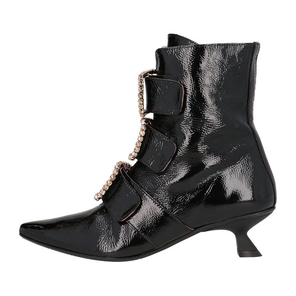 Black Spool Heel Pointed Toe Rhinestone Buckles Decor Ankle Boots