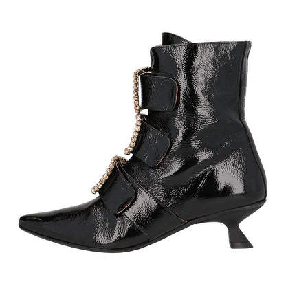 Black Spool Heel Pointed Toe Rhinestone Buckles Decor Ankle Boots