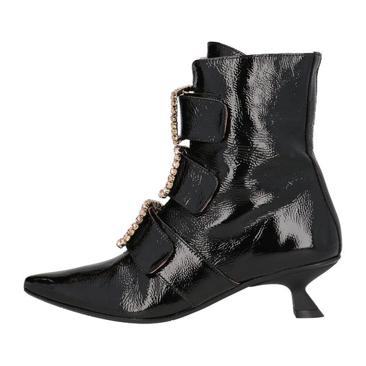 Black Spool Heel Pointed Toe Rhinestone Buckles Decor Ankle Boots