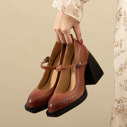 Brown Vegan Leather Closed Toe 4'' Chunky Heel Platform Loafers