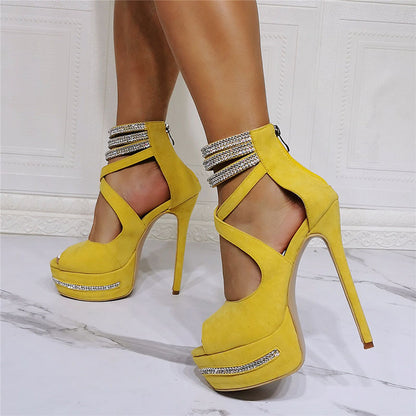 Yellow Platform Pumps Crisscross Straps Y2K Shoes Peep Toe Heels