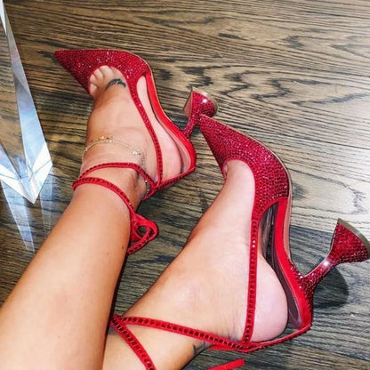 Women's Red Pointed Toe Flared Heels Wrap Strap Rhinestone Pumps Shoes