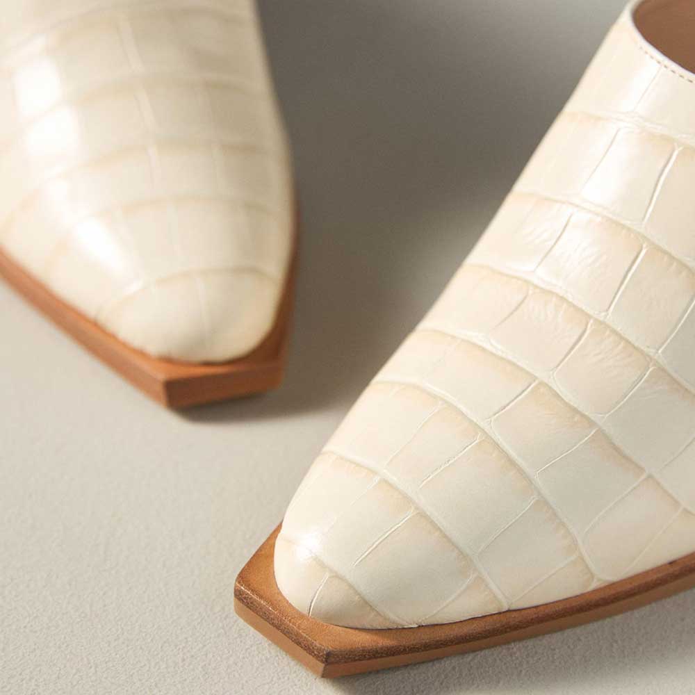 Beige Crocodile Embossed Almond Toe Western Wedge Heeled Mules