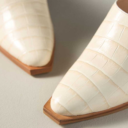 Beige Crocodile Embossed Almond Toe Western Wedge Heeled Mules