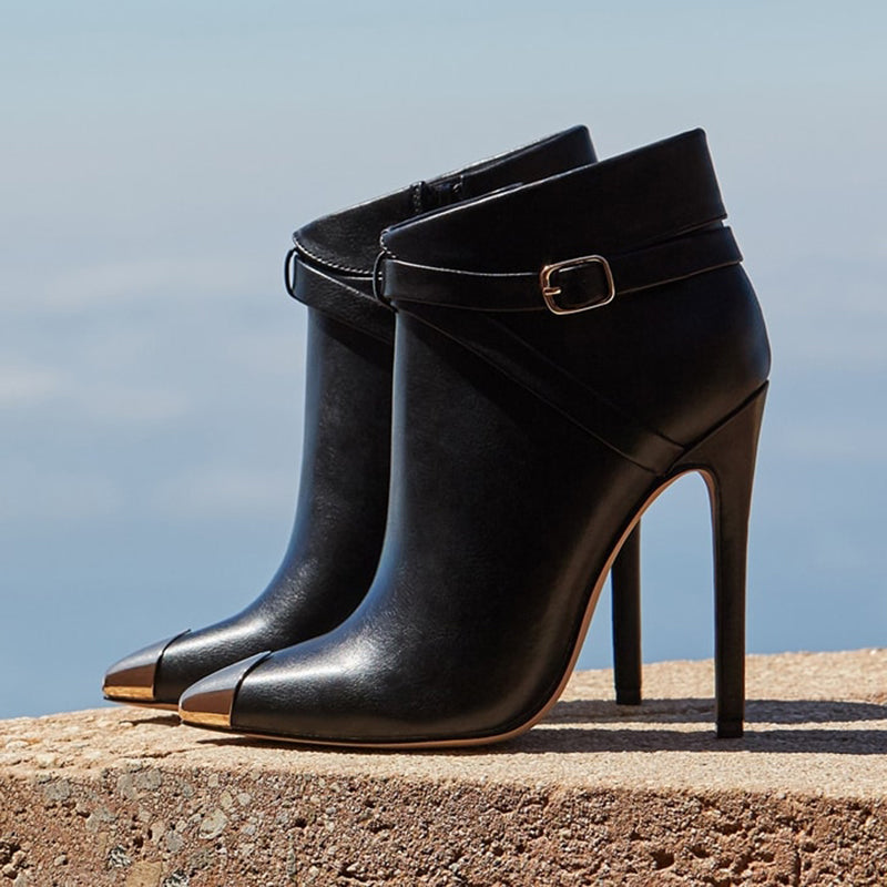 Black Metal Pointed Toe Stiletto Booties Buckle Strap Ankle Boots