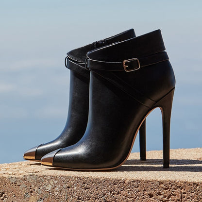 Black Metal Pointed Toe Stiletto Booties Buckle Strap Ankle Boots