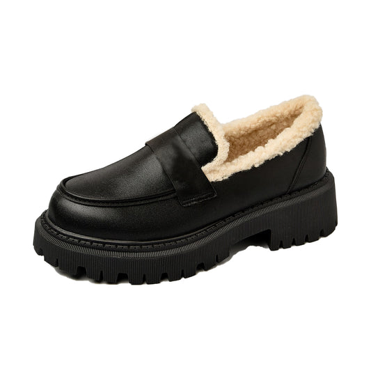 Classic Black Round Toe Lug Sole Shearling Trim Chunky Loafers