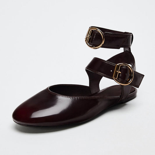 Maroon Round Toe Slingback Ballet Flats with Double Buckled Straps