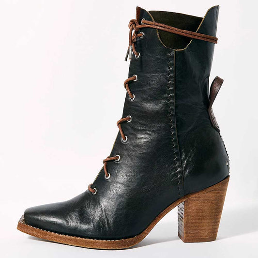 Black Square Toe Chunky Heel Vintage Lace Up Ankle Boots