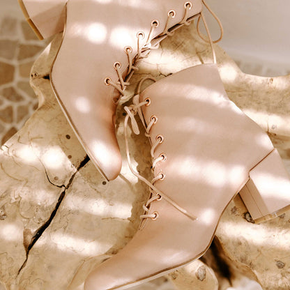 Beige Vegan Leather Pointed Toe Chunky Heel Lace-Up Ankle Boots