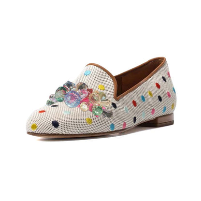 Multicolor Polka Dot Slip-On Women's Loafers with Rhinestones Decor