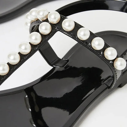 Black Summer Sandals Open Toe Pearl Ankle Strap Casual Flats
