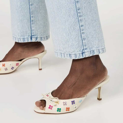 Beige Bow Decor Peep Toe Floral Studded Spool Heel Mules Shoes