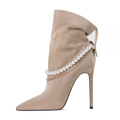 Beige Vegan Suede Pointed Toe Chain Slouchy Ankle Boots with Pearl