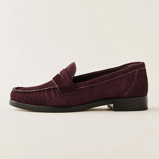 Burgundy Round Toe Flat Ruched Vegan Suede Loafers Women