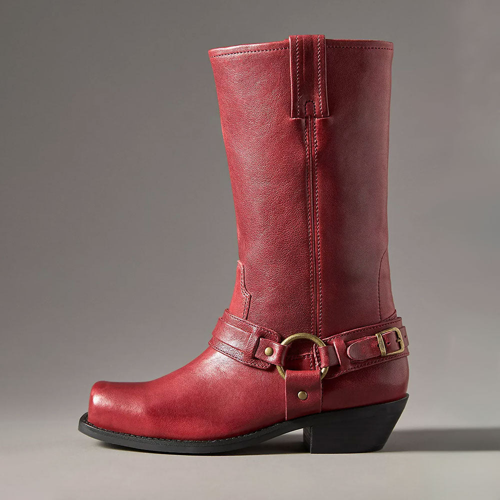 Red Square Toe Hardware Ring Strap Motorcycle Mid Calf Boots