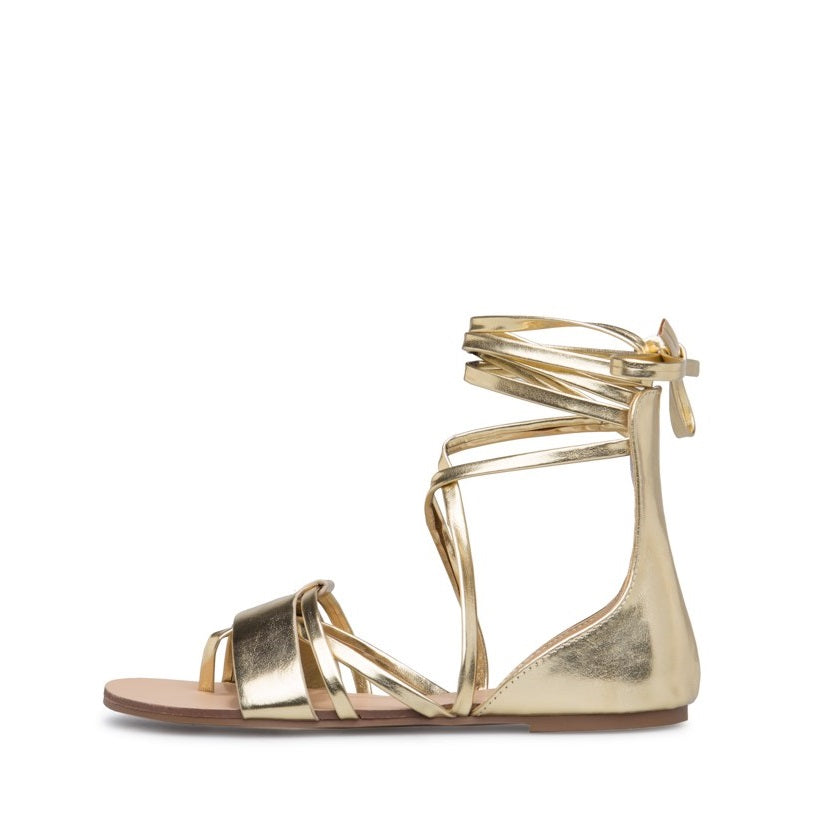 Metallic Gold Gladiator Sandals Open Toe Wrap Strappy Flats