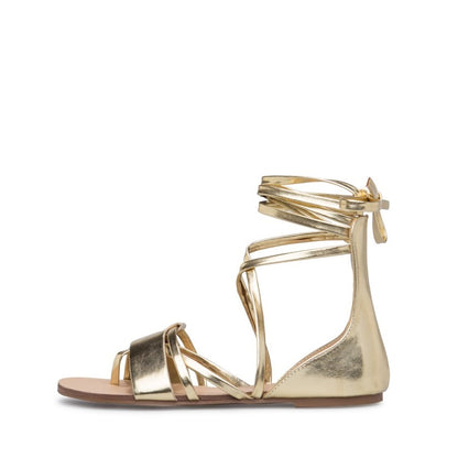 Metallic Gold Gladiator Sandals Open Toe Wrap Strappy Flats