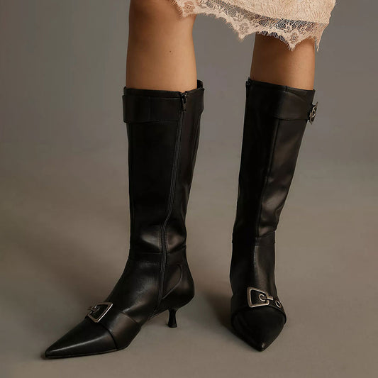Black Buckle Strap Pointed Toe Kitten Heel Zipper Mid Calf Boots