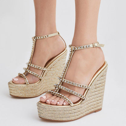 Gold Metallic Rhinestone T-Strap Wedge Heel Woven Platform Sandals