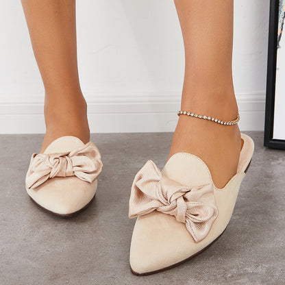 Beige Closed Toe Flat Shoes Bow Embellished Slip On Mule Loafers