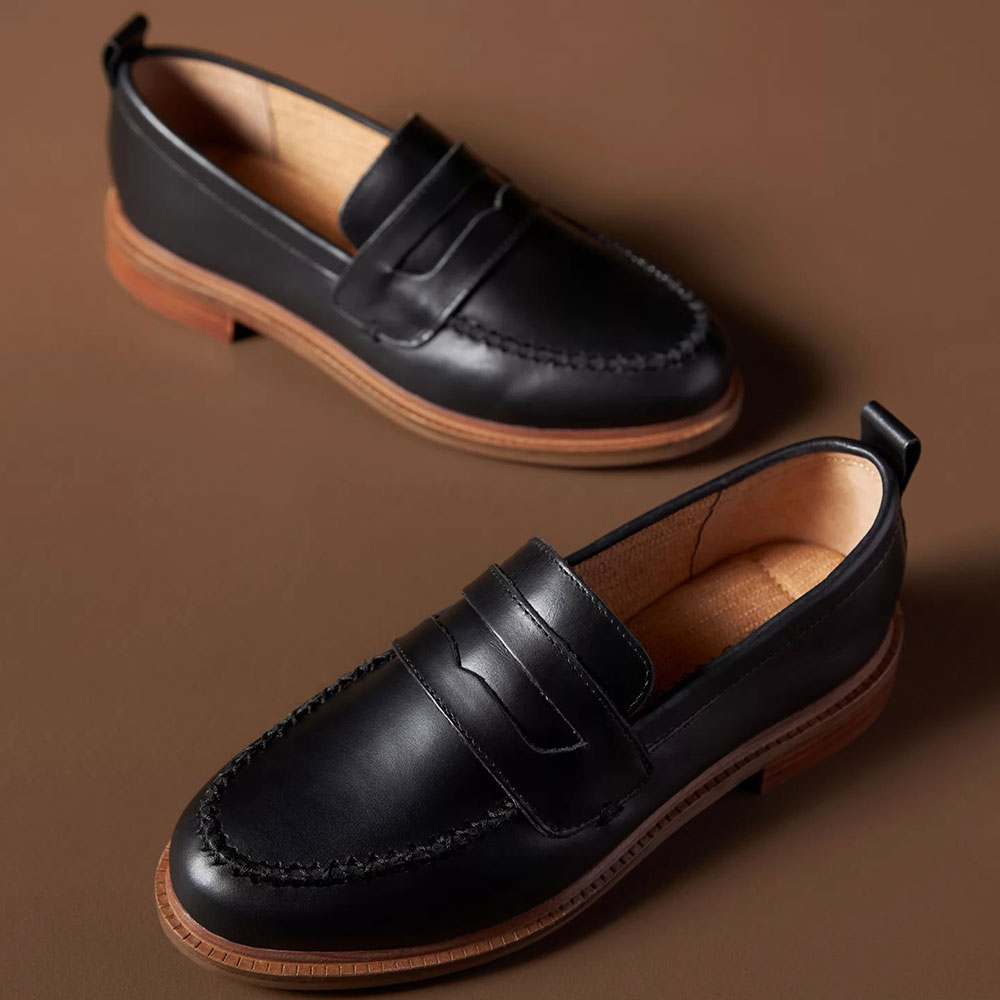 Black Round Toe Stacked Heel Business Casual Penny Loafers for Women