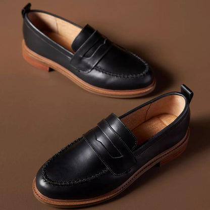 Black Round Toe Stacked Heel Business Casual Penny Loafers for Women