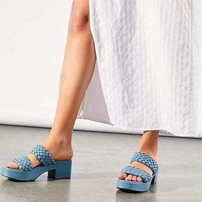 Women's Blue Braided Double Strap Chunky Heel Platform Mules